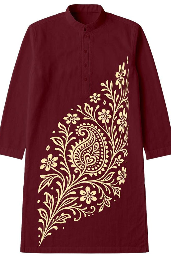 Alpona Grace – Floral Bengali Kurta in maroon with intricate cream Alpona folk art and floral design, ideal for traditional festivals and ceremonies.