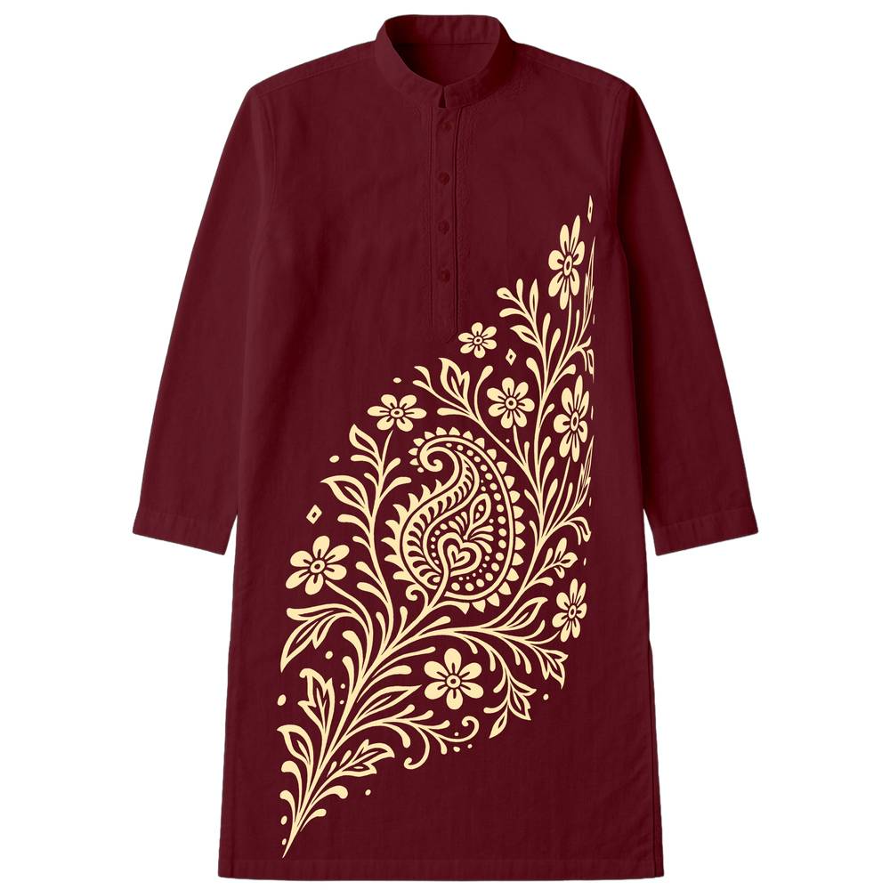 Alpona Grace – Floral Bengali Kurta in maroon with intricate cream Alpona folk art and floral design, ideal for traditional festivals and ceremonies.
