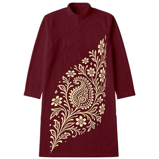 Alpona Grace – Floral Bengali Kurta in maroon with intricate cream Alpona folk art and floral design, ideal for traditional festivals and ceremonies.