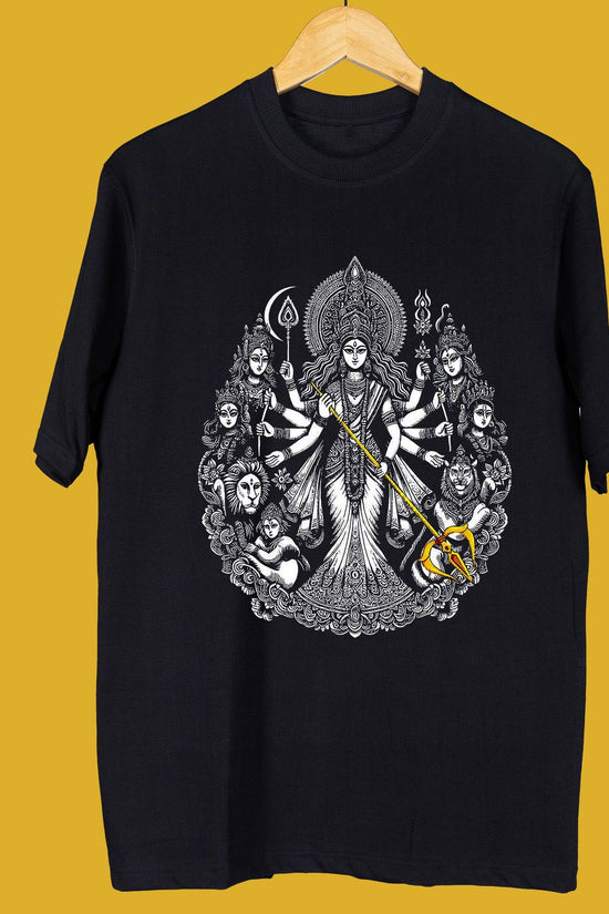 Buy 'Parameshwari' Bengali Spiritual T-shirt - Oversized Unisex Tee featuring a detailed Durga Puja design. Made from premium bio-washed cotton for comfort.
