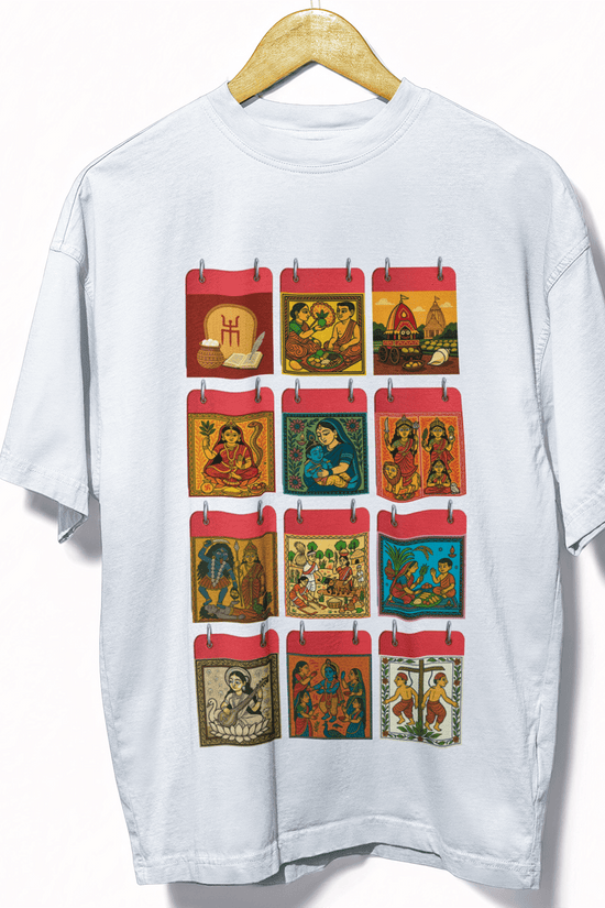 Parboni Unisex T-Shirt - Bengali Oversized | Festival Calendar featuring colorful cultural graphics of 12 Bengali festivals on soft white cotton fabric.