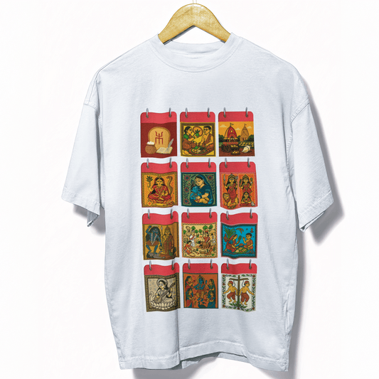 Parboni Unisex T-Shirt - Bengali Oversized | Festival Calendar featuring colorful cultural graphics of 12 Bengali festivals on soft white cotton fabric.