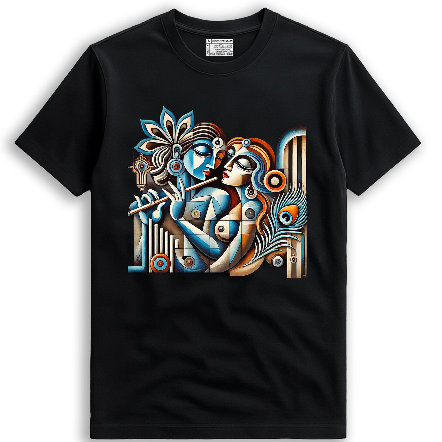 Black Radha Krishna T-shirt with striking Patachitra art print, combining traditional Indian design with modern fashion in soft, breathable cotton.
