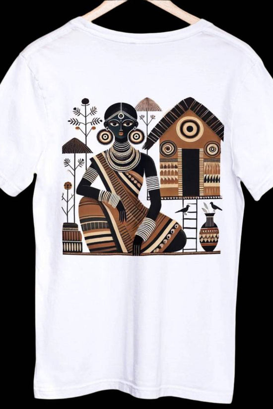 Patachitra T-Shirt - Black Beauty featuring intricate hand-drawn Bengali folk art on soft cotton fabric. Heritage-inspired design for everyday elegance.