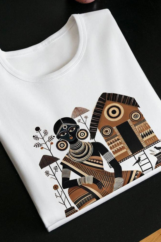 Patachitra T-Shirt - Black Beauty featuring intricate hand-drawn Bengali folk art on soft white cotton. A heritage-inspired casual wear piece.