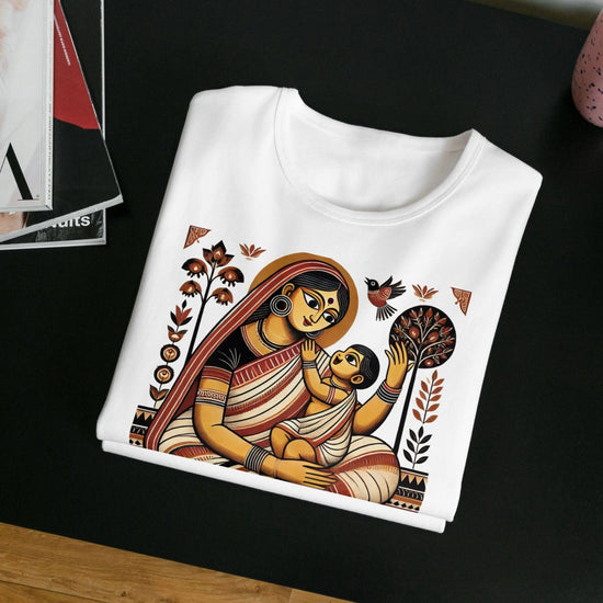 Janani Patachitra T-Shirt featuring a traditional Bengali heritage design with hand-drawn motifs of a mother and child. Made from 100% premium cotton for durability and comfort.