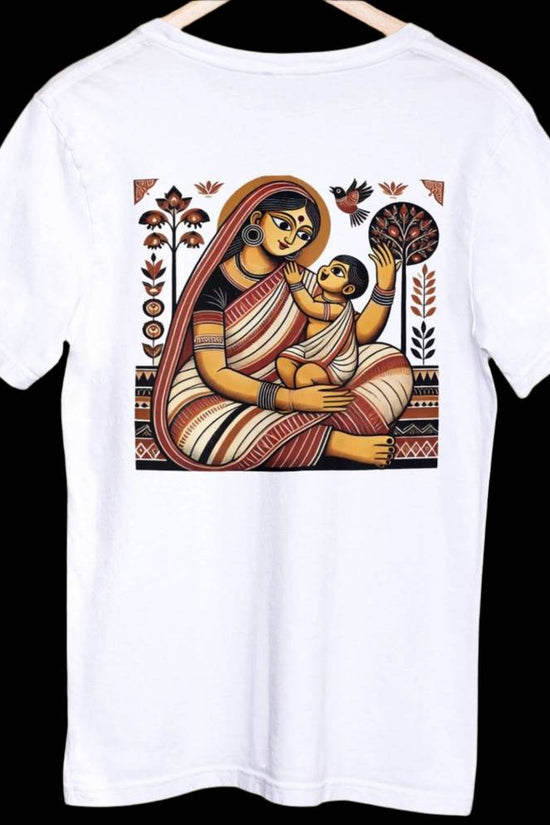 Janani Patachitra T-Shirt featuring a traditional Bengali heritage design. Made from 100% premium cotton with hand-drawn motifs for durability and comfort.