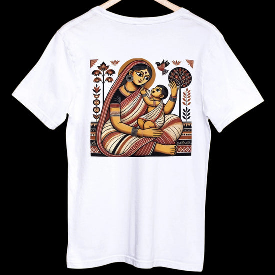 Janani Patachitra T-Shirt featuring a traditional Bengali heritage design. Made from 100% premium cotton with hand-drawn motifs for durability and comfort.