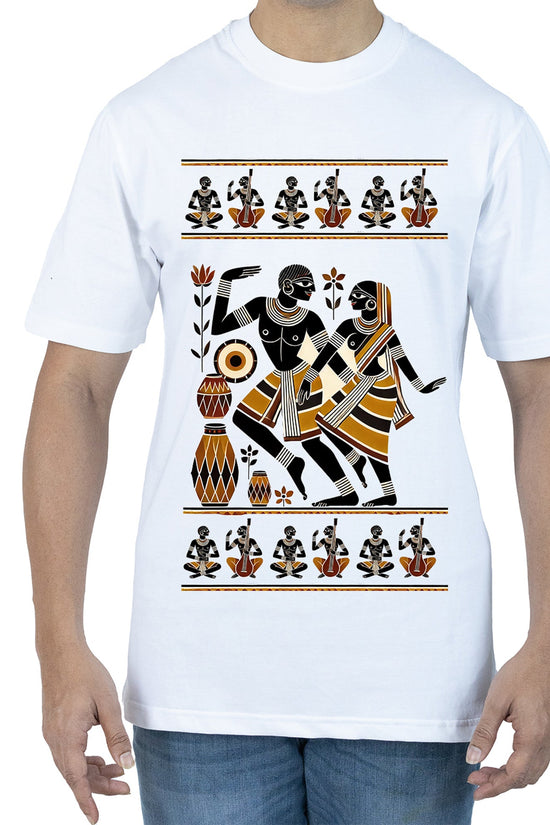 Tribal Dance Patachitra T-Shirt featuring Bengal heritage art in vibrant black and orange. Made from soft cotton for comfort and durability.