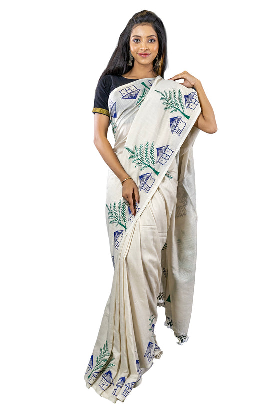 Pather Panchali Saree - Pure Khadi Cotton draped front view, showcasing Bengali village house prints and leafy green accents on beige fabric.