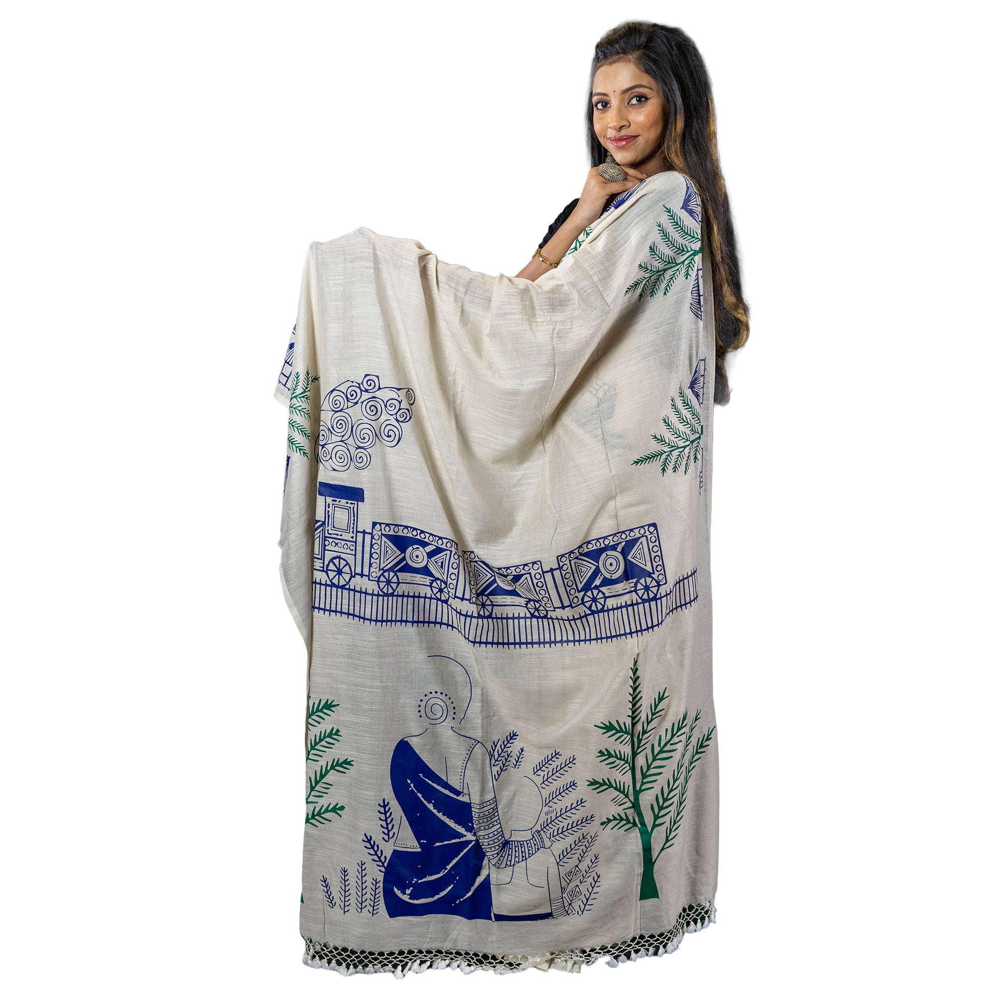Pather Panchali Saree - Pure Khadi Cotton with rural Bengal-inspired blue and green graphic art, featuring iconic train and village motifs.