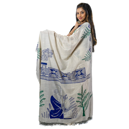 Pather Panchali Saree - Pure Khadi Cotton with rural Bengal-inspired blue and green graphic art, featuring iconic train and village motifs.