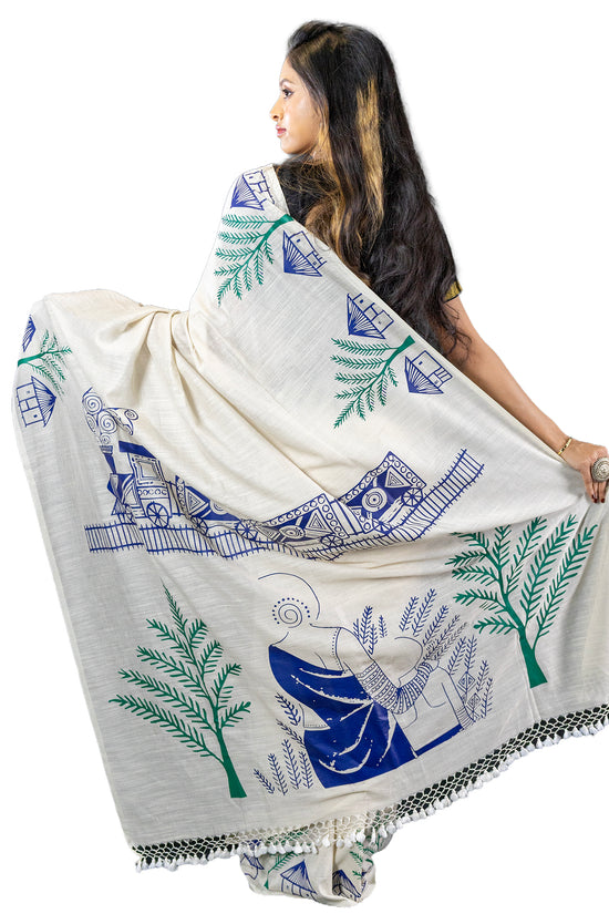 Pather Panchali Saree - Pure Khadi Cotton back view highlighting detailed train and mother-child village scene in blue graphic art.