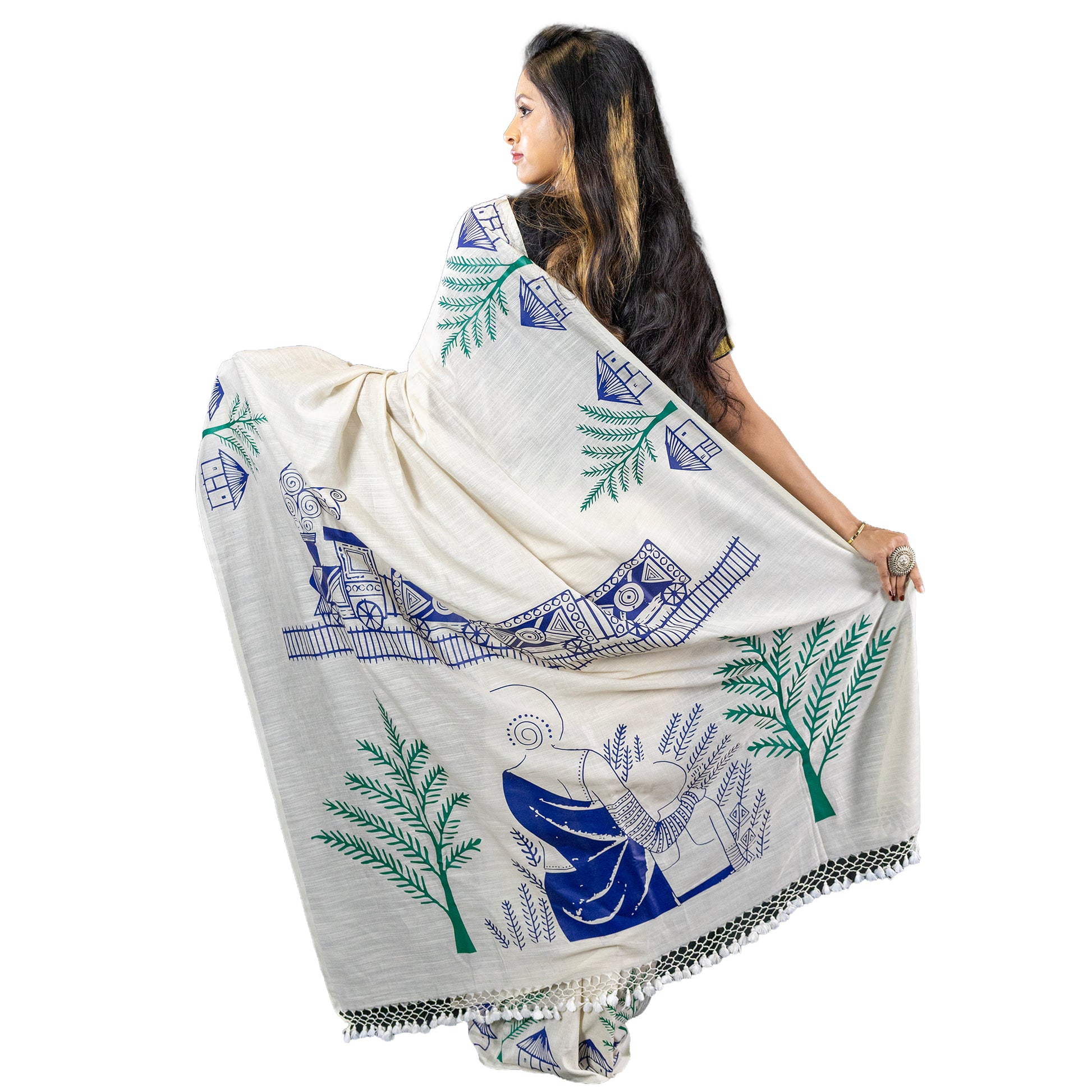 Pather Panchali Saree - Pure Khadi Cotton back view highlighting detailed train and mother-child village scene in blue graphic art.