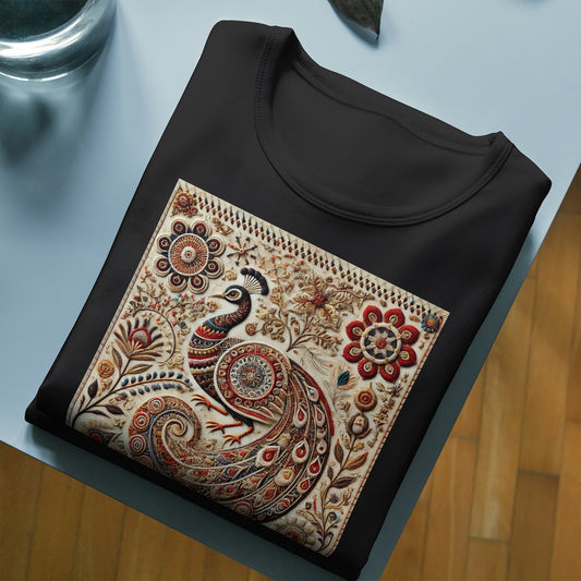Peacock Graphic T-Shirt - Embroidery Inspired | Cotton, Unisex featuring a majestic peacock and intricate floral patterns folded neatly on a table.