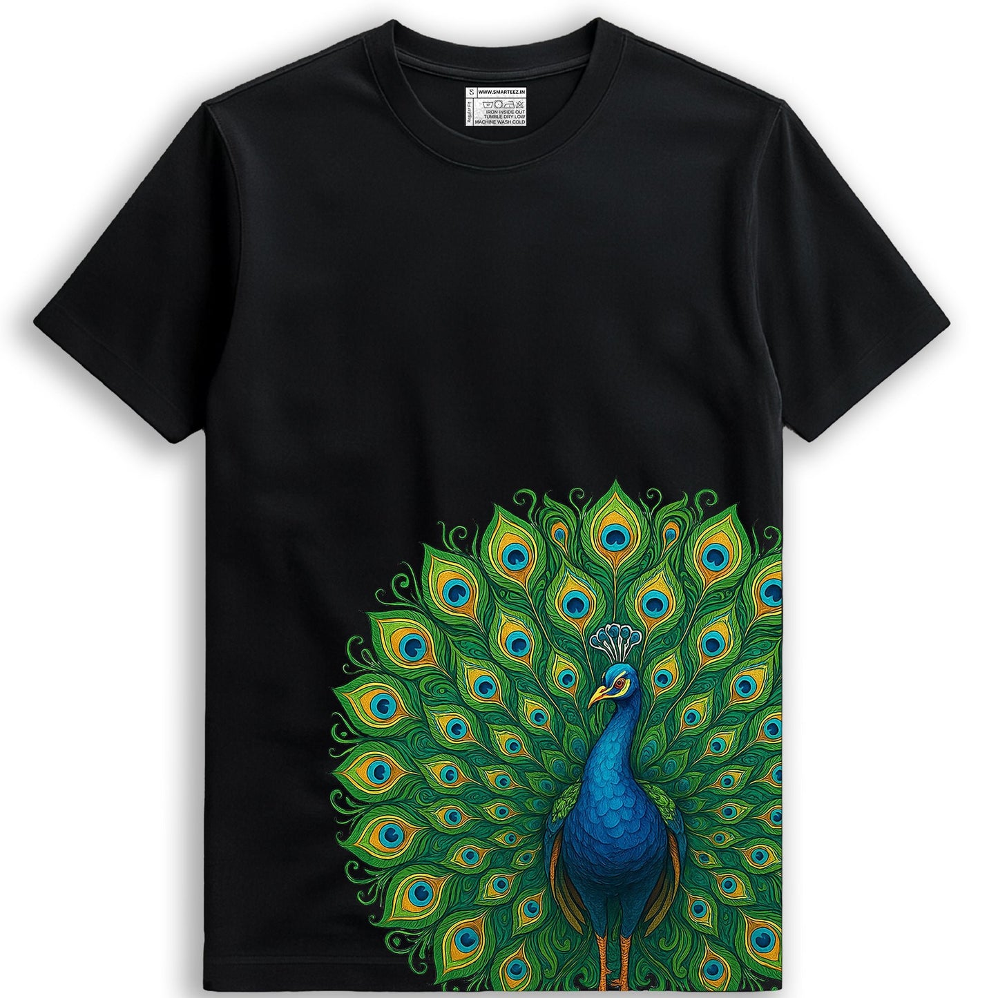 Peacock Print T-Shirt - Folk Art Graphic | Cotton Tee in black featuring a vibrant Indian folk-style peacock design on the lower side.