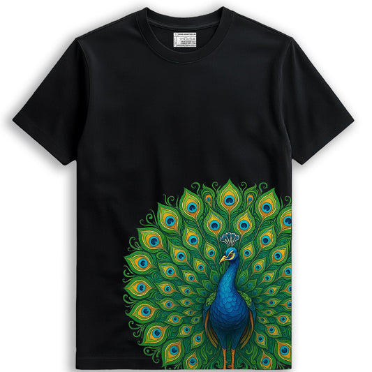Peacock Print T-Shirt - Folk Art Graphic | Cotton Tee in black featuring a vibrant Indian folk-style peacock design on the lower side.