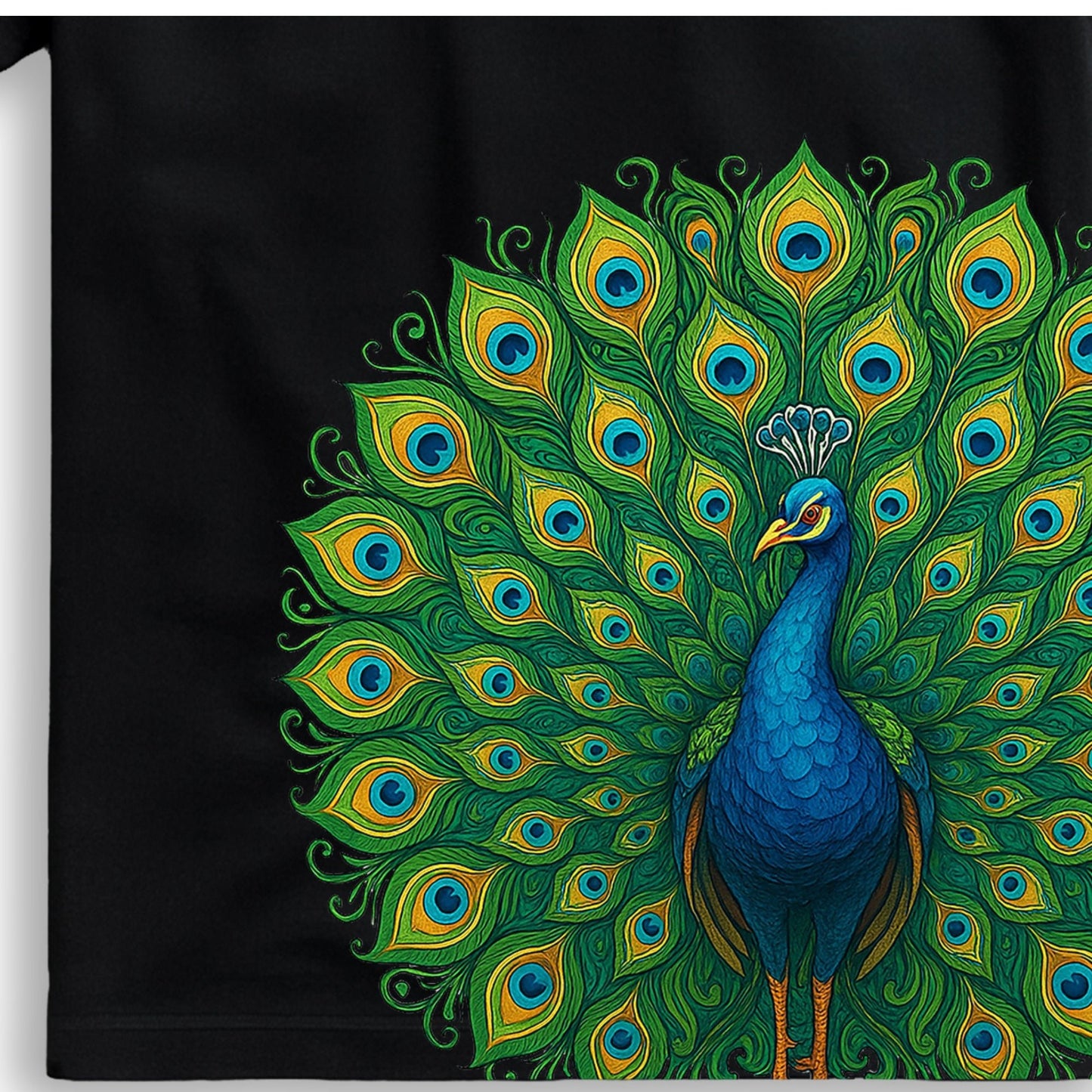 Close-up of the Peacock Print T-Shirt - Folk Art Graphic | Cotton Tee showing intricate feather details in bold Indian folk art style.