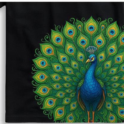 Close-up of the Peacock Print T-Shirt - Folk Art Graphic | Cotton Tee showing intricate feather details in bold Indian folk art style.