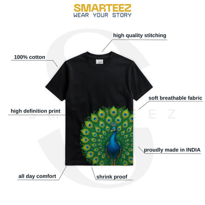 Peacock Print T-Shirt - Folk Art Graphic | Cotton Tee product features including 100% cotton, breathable fabric, and high-definition print.