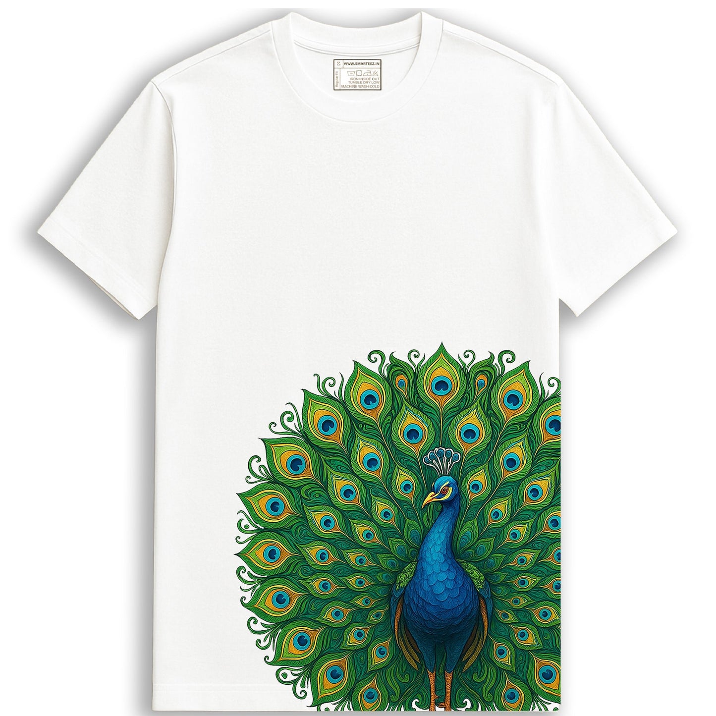 White Peacock Print T-Shirt - Folk Art Graphic | Cotton Tee with colorful peacock artwork inspired by traditional Indian folk design.