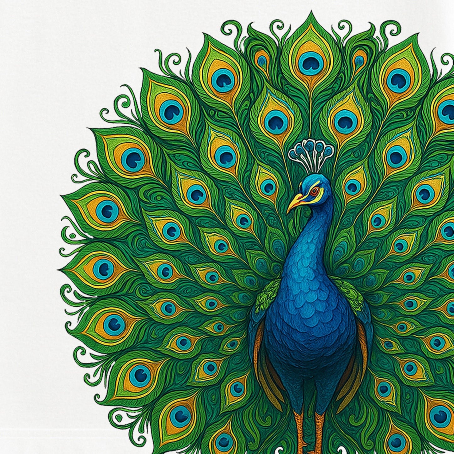 Detailed view of peacock feathers on the Peacock Print T-Shirt - Folk Art Graphic | Cotton Tee highlighting vivid colors and fine print.