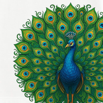 Detailed view of peacock feathers on the Peacock Print T-Shirt - Folk Art Graphic | Cotton Tee highlighting vivid colors and fine print.