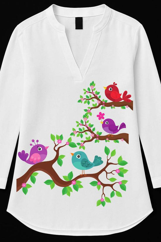 Bird Kurti - Playful Motif Kurti featuring colorful cartoon birds on tree branches, perfect for casual wear in the tunics category.