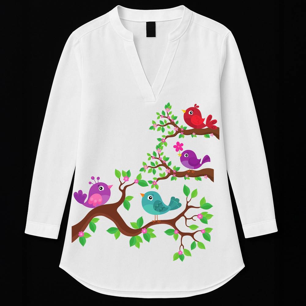 Bird Kurti - Playful Motif Kurti featuring colorful cartoon birds on tree branches, perfect for casual wear in the tunics category.