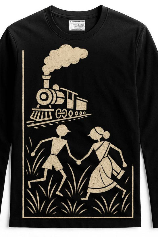 Full sleeves Pather Panchali T-shirt in black featuring Warli art of children and train, inspired by Ray’s film and Bibhutibhushan’s novel.