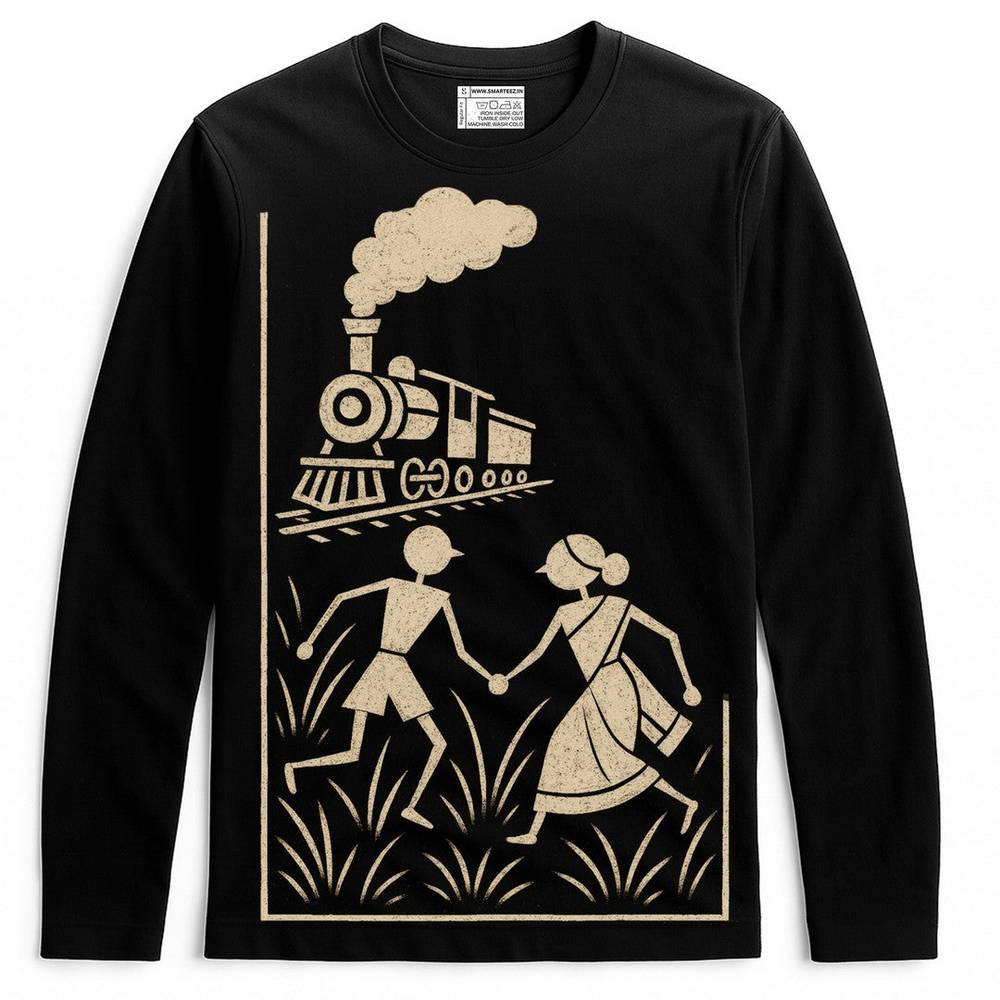 Full sleeves Pather Panchali T-shirt in black featuring Warli art of children and train, inspired by Ray’s film and Bibhutibhushan’s novel.