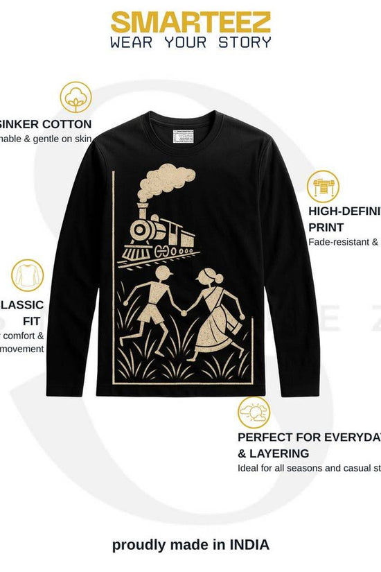 Black cotton Pather Panchali full sleeves T-shirt with Warli art, highlighting features like HD print, comfort fit, and breathable fabric.