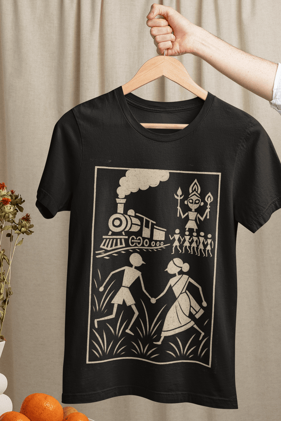 Pather Panchali T-Shirt - Bengali graphic tee in black cotton featuring Warli folk art, inspired by Ray’s film and novel.