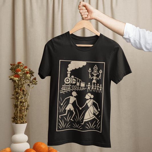 Pather Panchali T-Shirt - Bengali graphic tee in black cotton featuring Warli folk art, inspired by Ray’s film and novel.