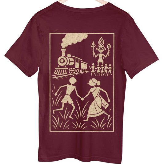 Today's Deal - Prepaid Only Cotton Deal T-shirt Style 104 in maroon with tribal art print featuring a train, couple, and deity. 100% bio-washed cotton, non-returnable.