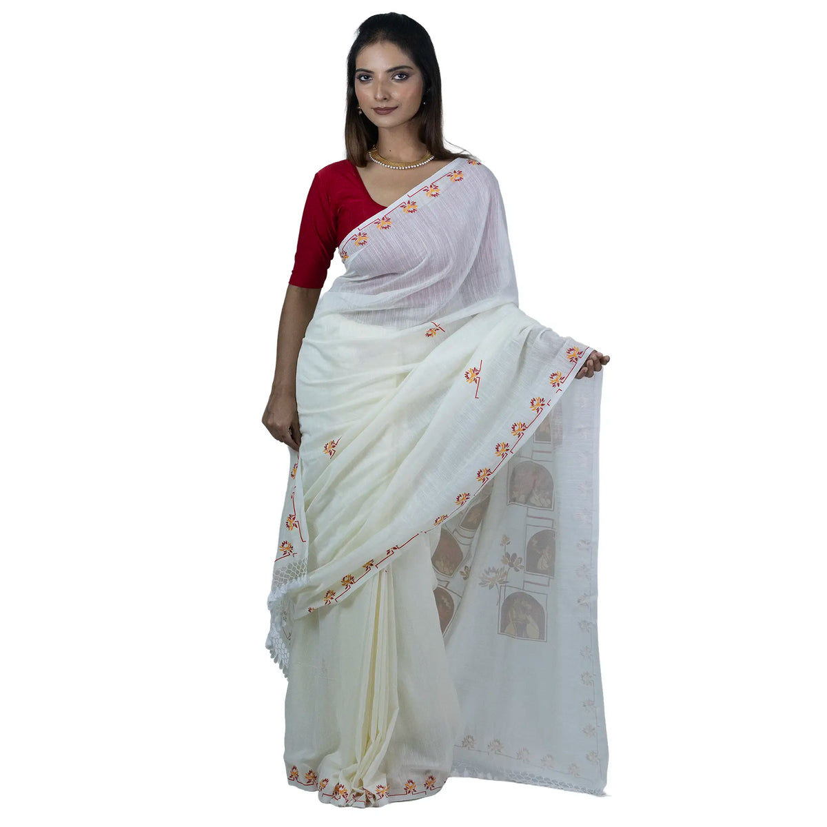Front view of the Pujo Scroll white khadi cotton saree draped classic style, small maroon and mustard lotus motifs on the body with the patachitra-style panels visible on the pallu