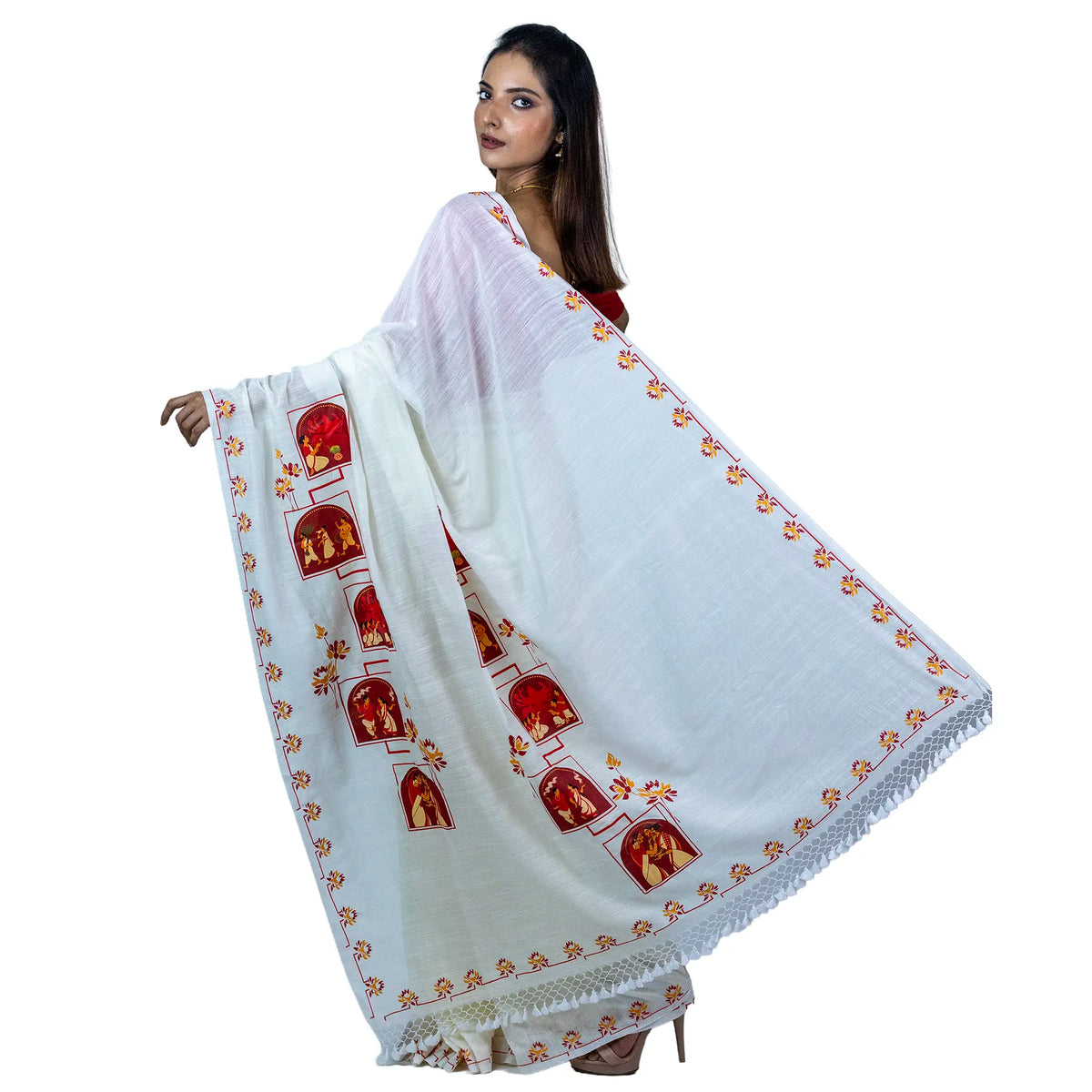 Back view of the Pujo Scroll saree with pallu spread wide showing five maroon arched panels of Durga Puja scenes, lotus stems between them and a handmade tassel trim
