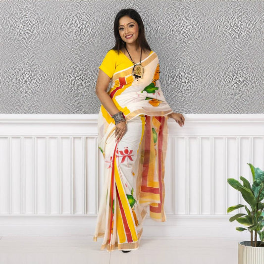 Hand-Painted Puja Theme Kerala Cotton Saree