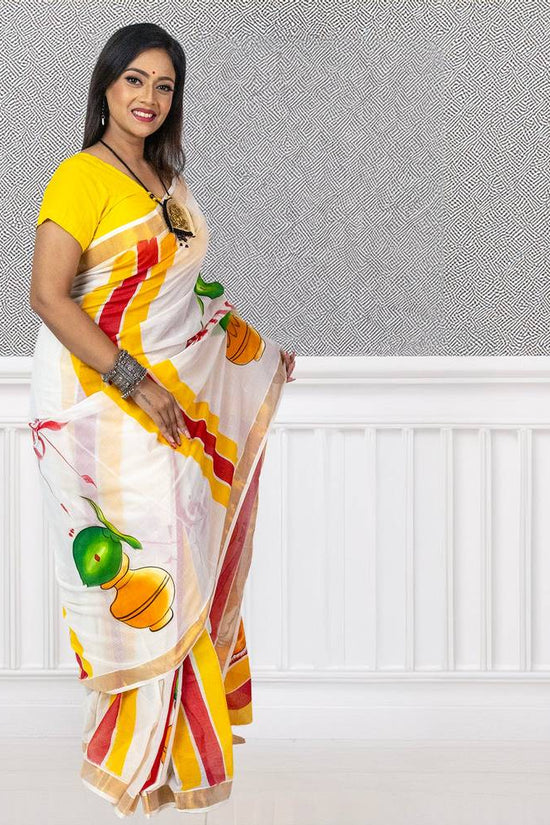 Hand-Painted Puja Theme Kerala Cotton Saree