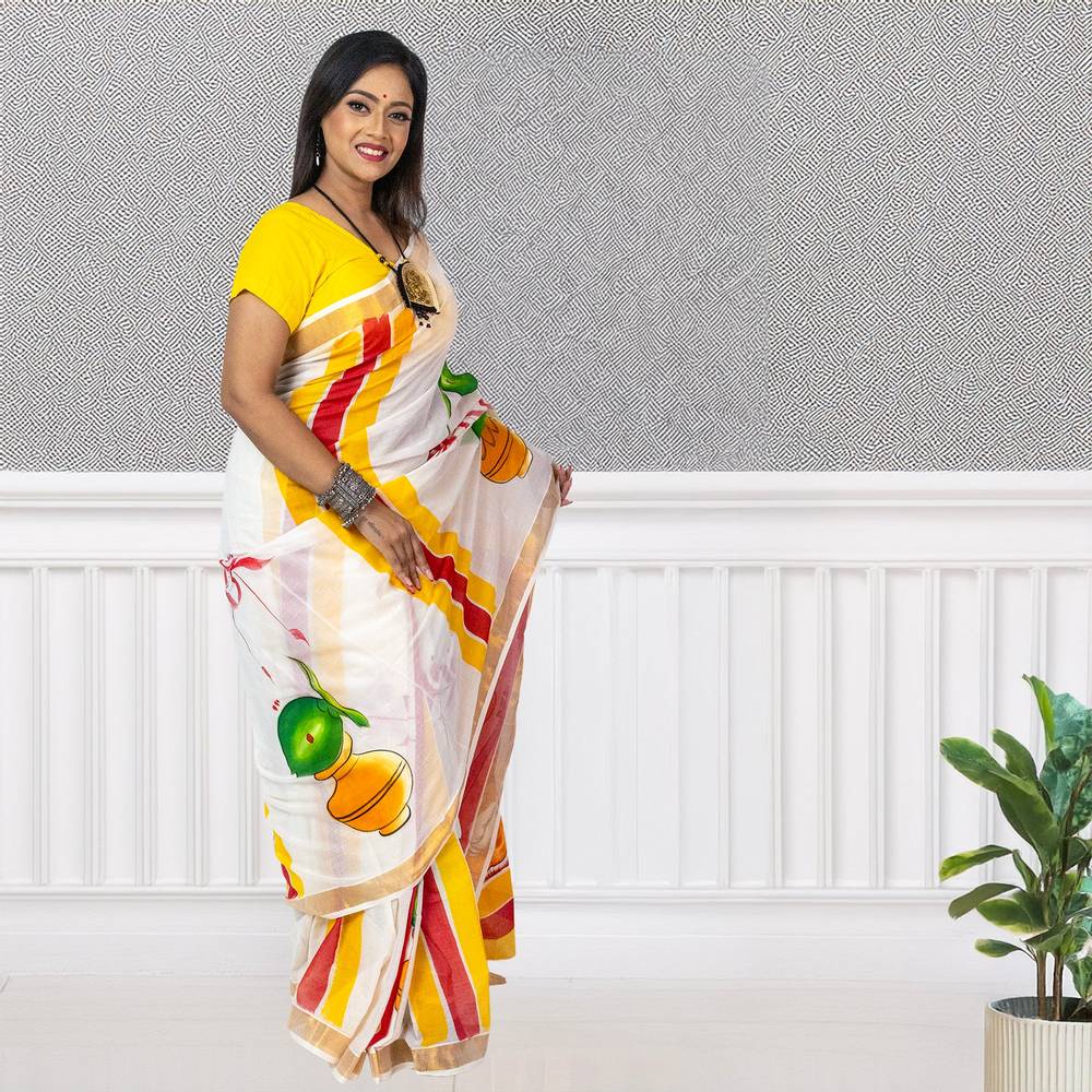 Hand-Painted Puja Theme Kerala Cotton Saree