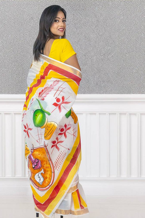 Hand-Painted Puja Theme Kerala Cotton Saree