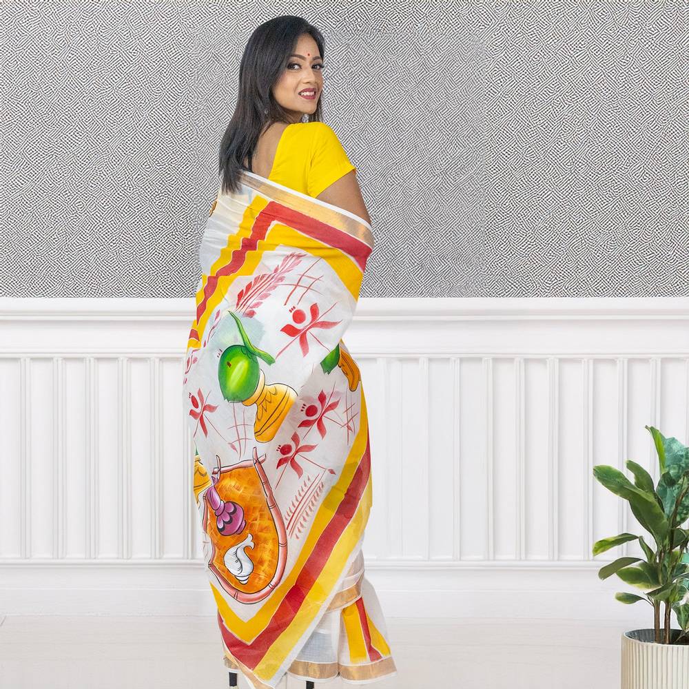 Hand-Painted Puja Theme Kerala Cotton Saree