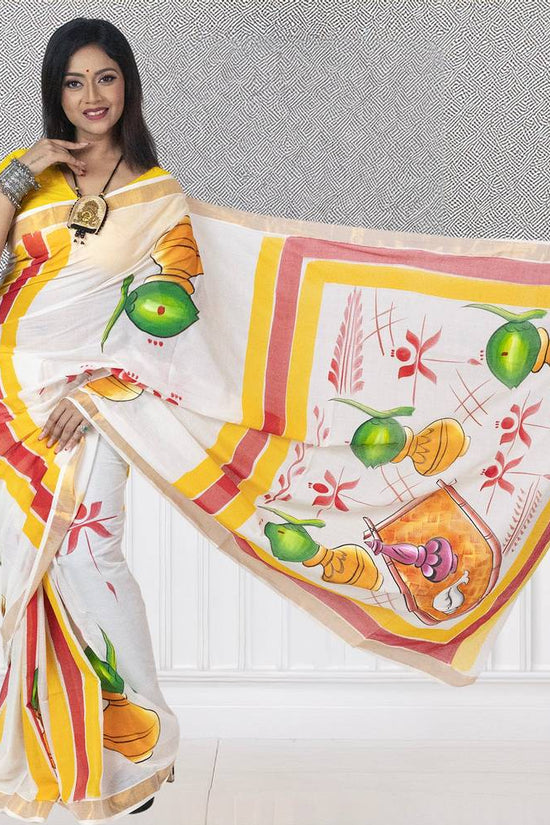 Hand-Painted Puja Theme Kerala Cotton Saree