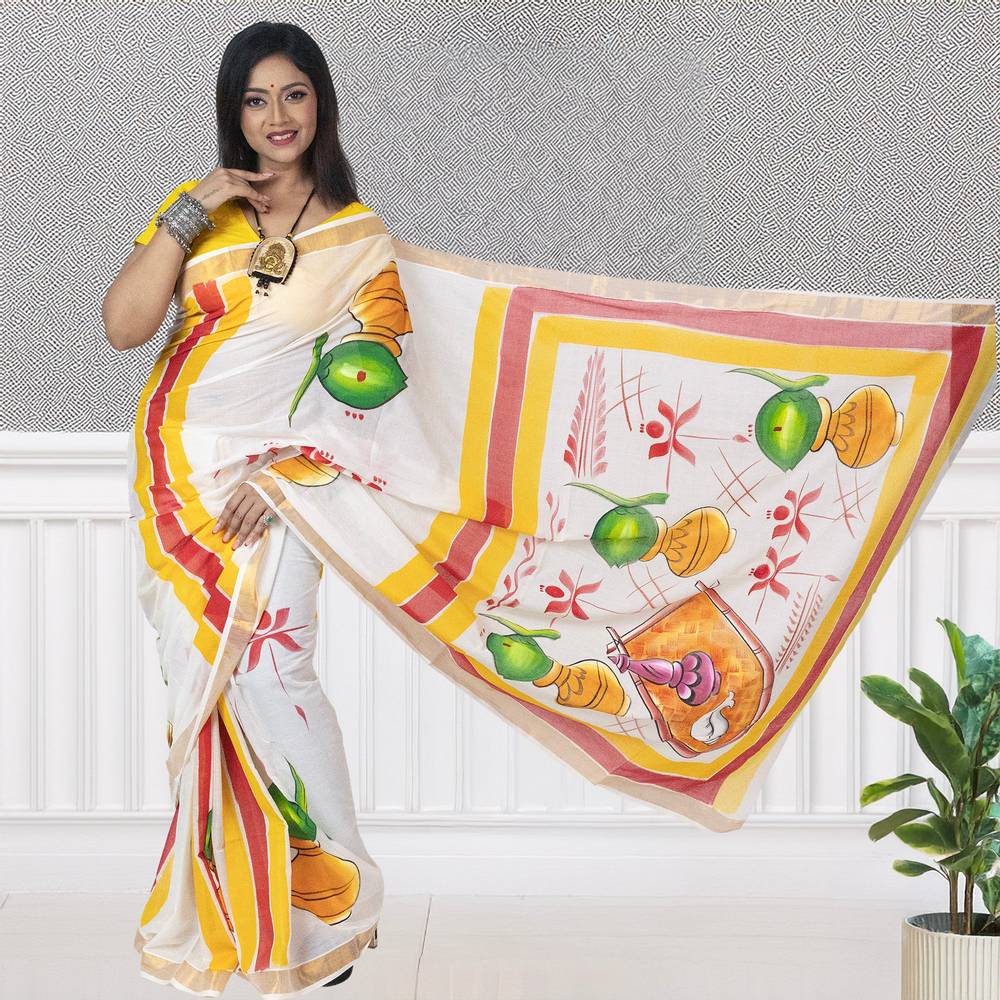 Hand-Painted Puja Theme Kerala Cotton Saree