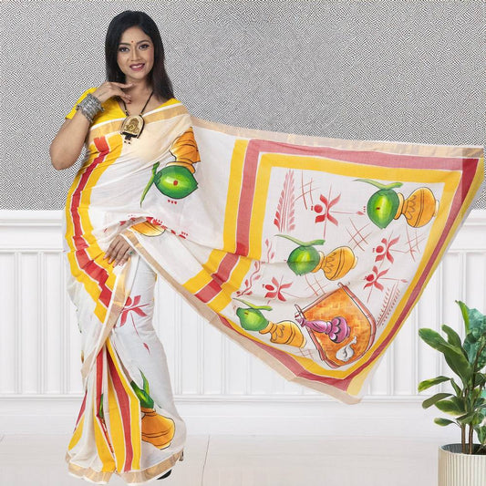 Hand-Painted Puja Theme Kerala Cotton Saree