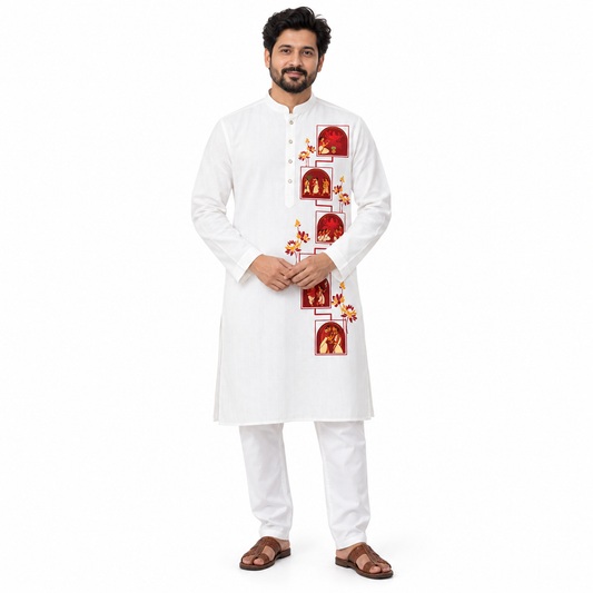 Durga Puja kurta panjabi for men in white cotton, sequential folk art print from dhak to Sindoor Khela