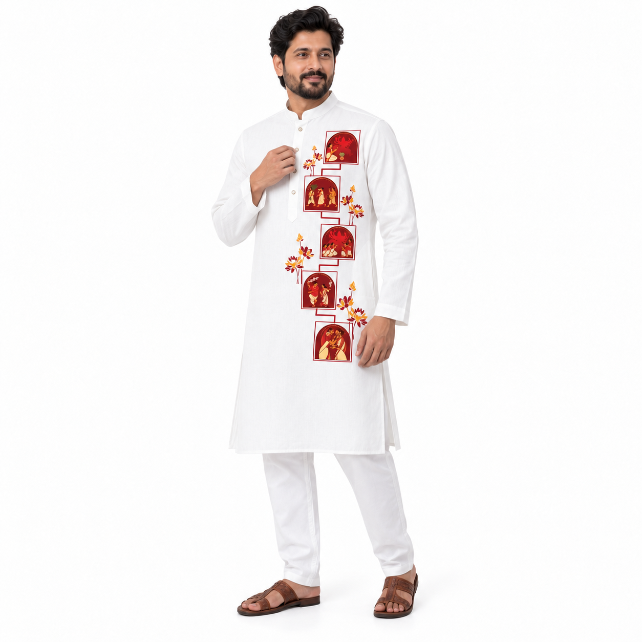 Bengali panjabi for men — Durga Puja panjabi with five illustrated Pattachitra panels, white cotton kurta for pandal hopping