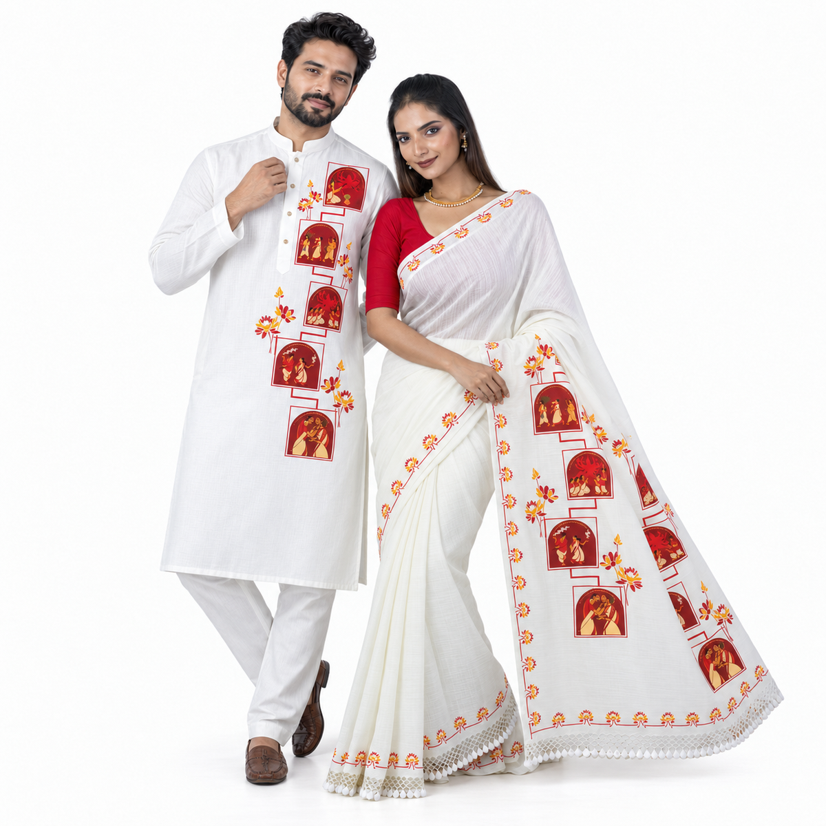 Pujo Scroll Durga Puja couple set — matching white khadi saree and pure cotton panjabi with five Pattachitra scene panels