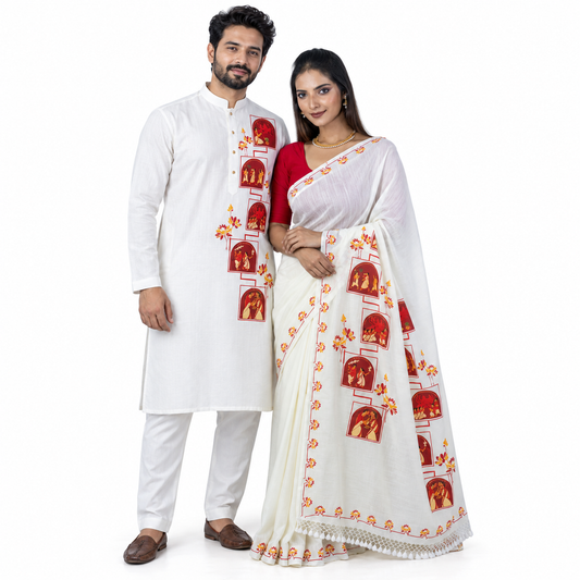 Durga Puja saree and panjabi couple set laid flat showing matching Pattachitra folk art panels