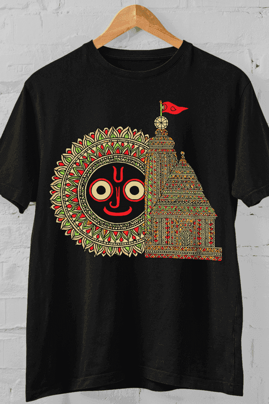Black Rath Yatra T-Shirt featuring Puri Jagannath Temple art and deity face in vibrant traditional colors. Ideal for spiritual and cultural wear.